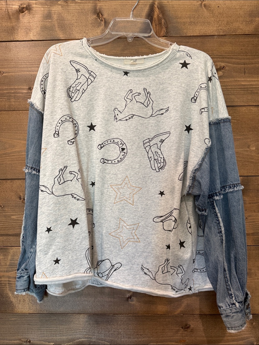 easel Cream Western Print with Denim Sleeves